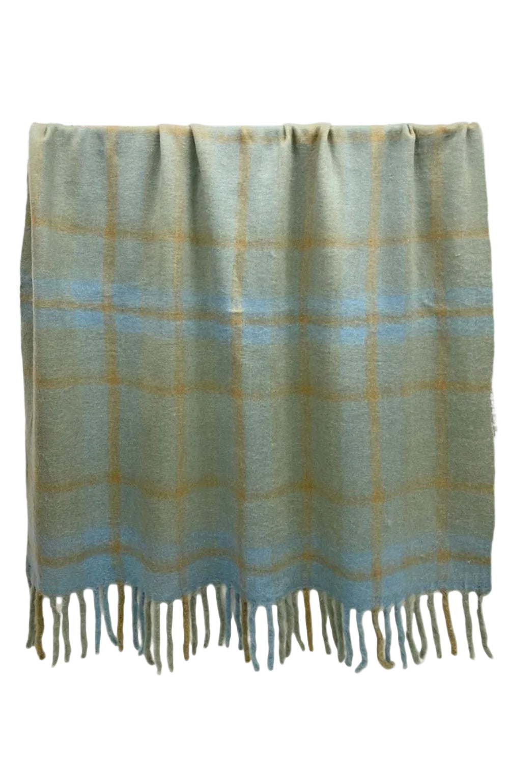 Plaid blanket with fringes on a white background