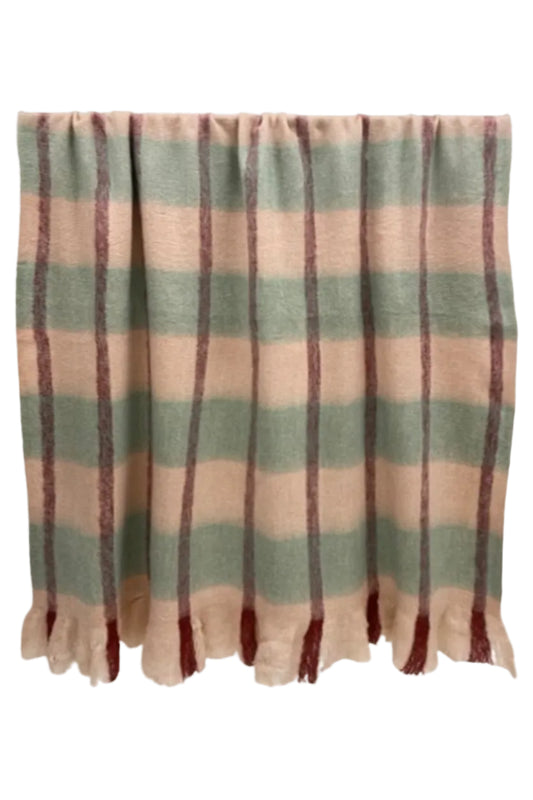 Plaid throw blanket with pink, blue, and red colors on a white background