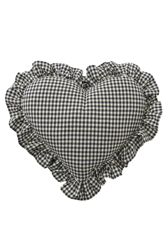 Heart-shaped checkered pillow with ruffled edges on a white background