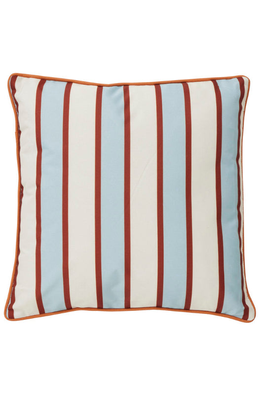 A square throw pillow featuring vertical stripes in light blue, rust red, and cream, finished with a contrasting rust red piped border.