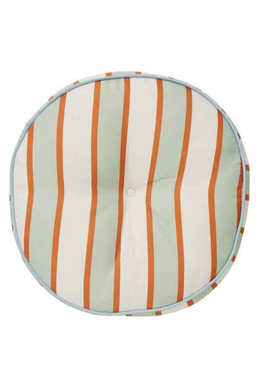Round tufted cushion with vertical stripes in sage green, orange, and off-white, finished with a light blue piped edge.