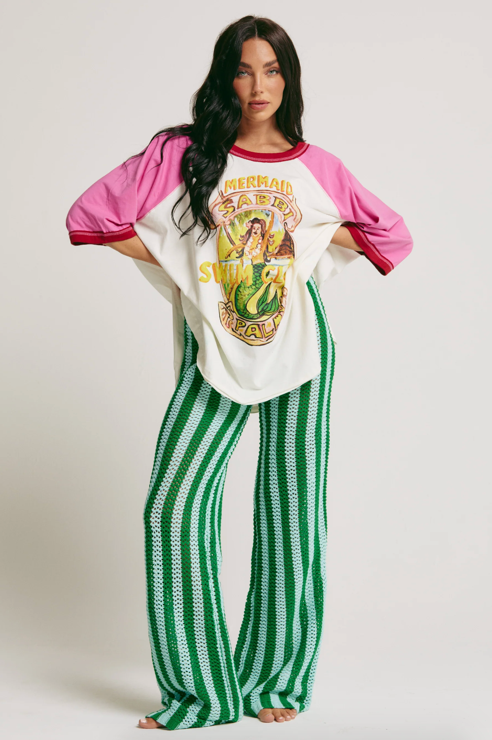 The Mermaid Swim Club Raglan Tee, Marshmallow and Pink