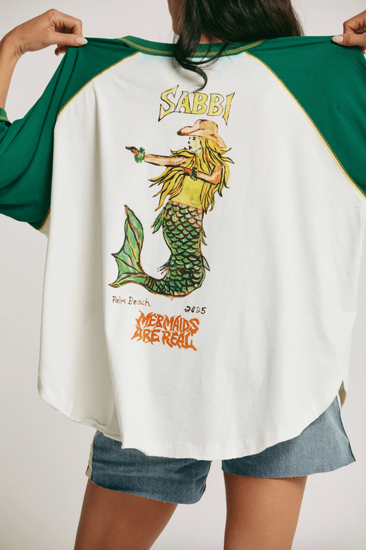 The Mermaid Swim Club Raglan Tee, Marshmallow and Green