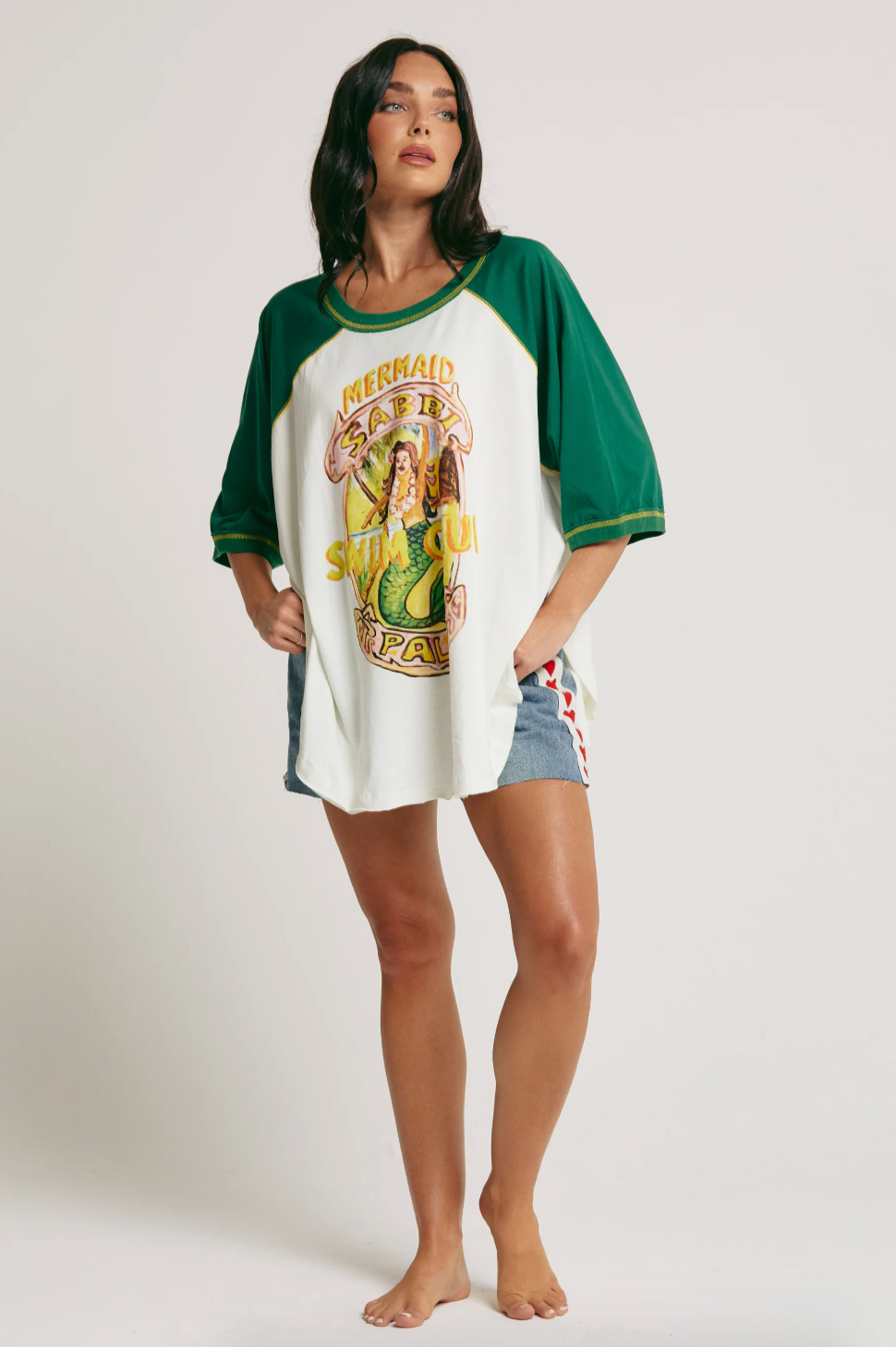 The Mermaid Swim Club Raglan Tee, Marshmallow and Green