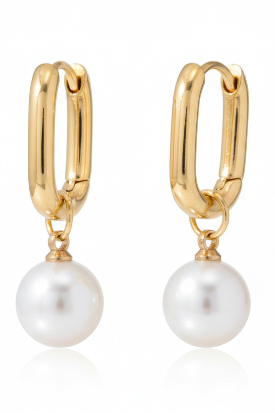 Gold hoop earring with a pearl drop on a white background