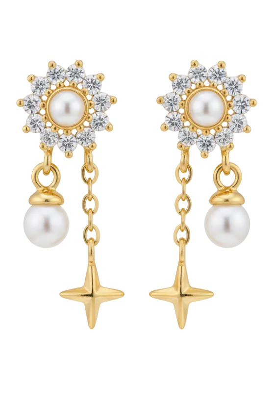 Gold and pearl earring on a light gray background