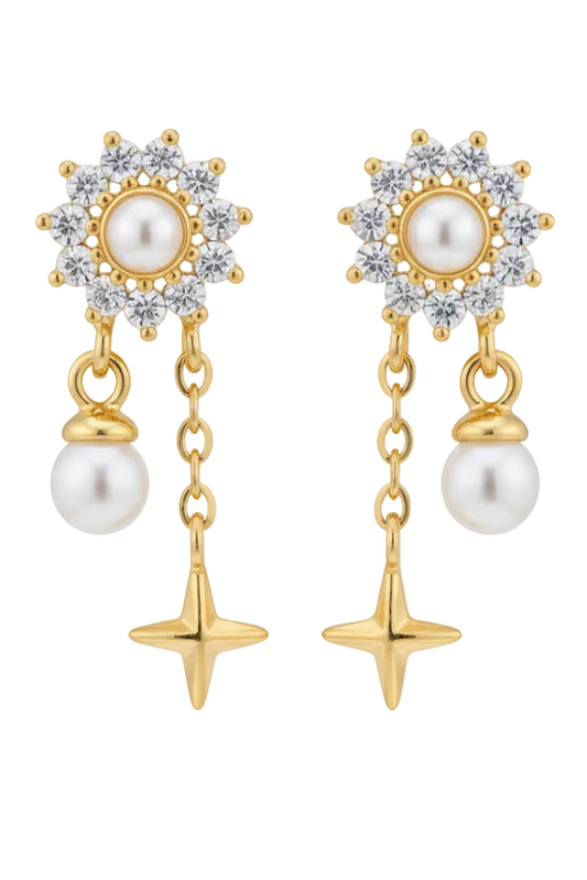 Gold and pearl earring on a light gray background