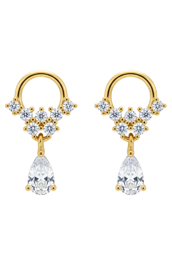 Gold earring with clear stones on a white background