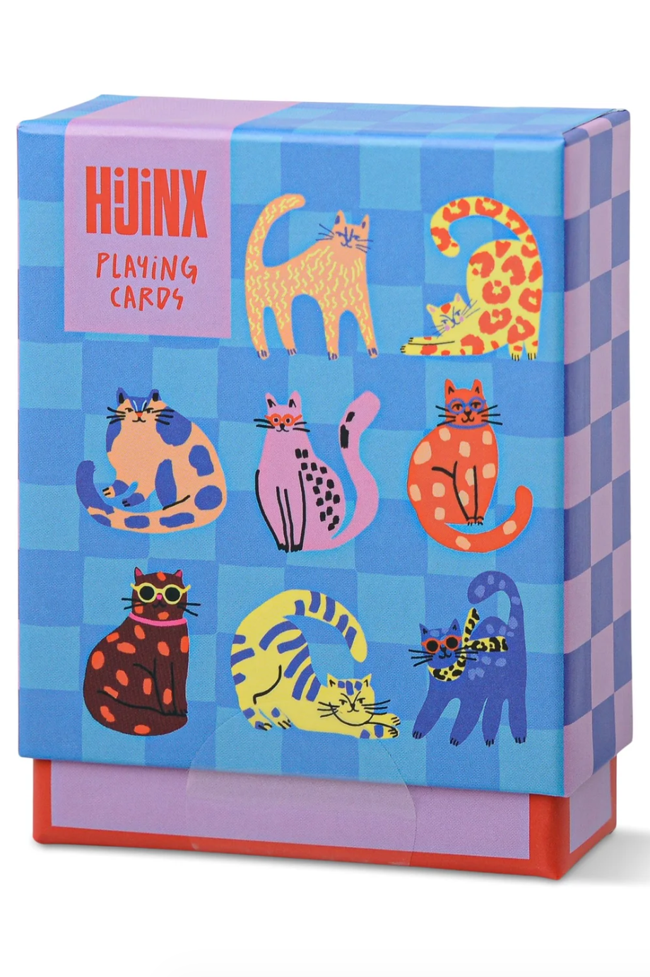 Hujinx Playing Cards box featuring a blue and purple checkered pattern with colorful cartoon cat illustrations on the front.