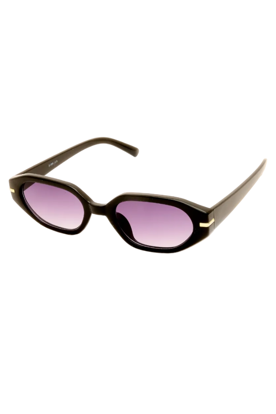 Oversized cat-eye sunglasses with a glossy black frame and purple gradient lenses, featuring small gold metal accents on the temples.