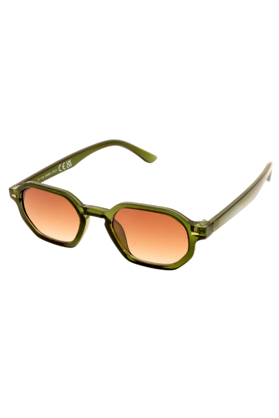 Olive green acetate sunglasses with a unique rounded geometric frame and warm brown gradient lenses, shown on a white background.
