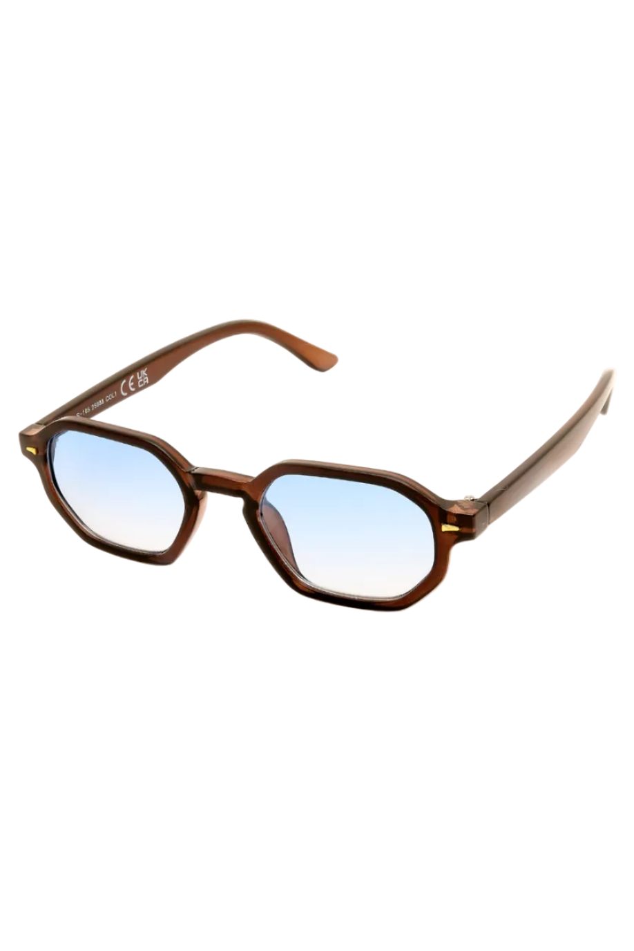 Brown acetate square sunglasses with blue gradient lenses, shown on a plain white background.