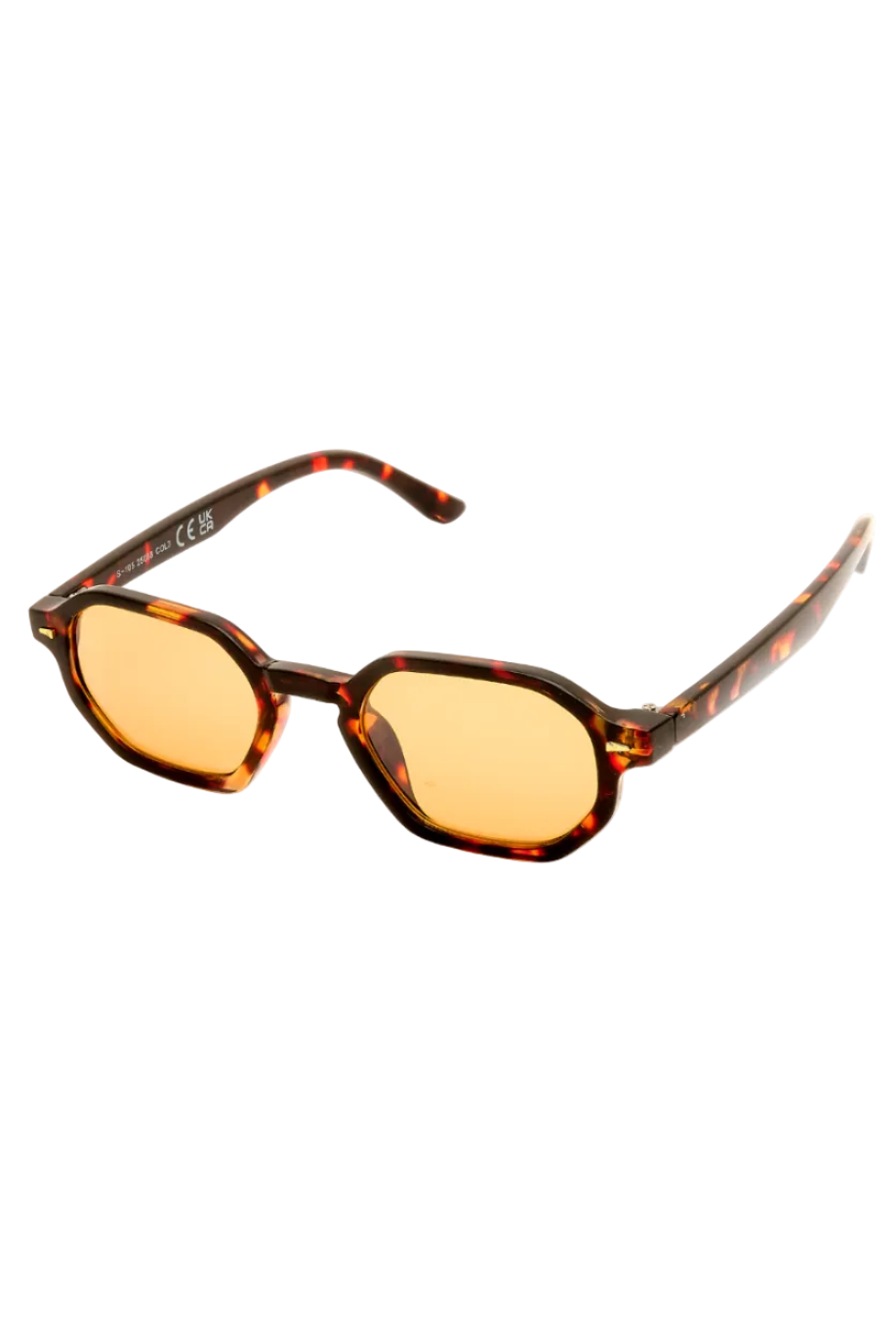 Oversized round sunglasses with a dark brown and amber tortoiseshell frame and warm amber-yellow lenses, shown on a plain white background.
