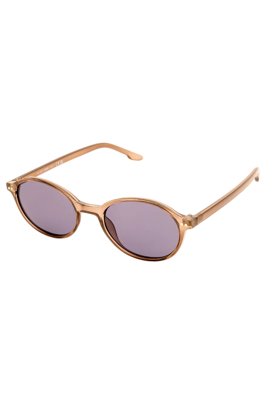 Oval sunglasses with a translucent rose gold frame and dark purple-tinted lenses, shown on a clean white background.