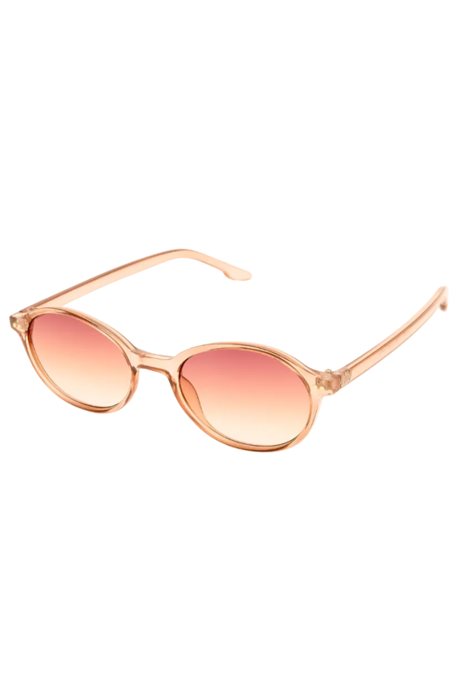 Oval sunglasses with a translucent rose gold frame and pink gradient lenses, shown on a clean white background.