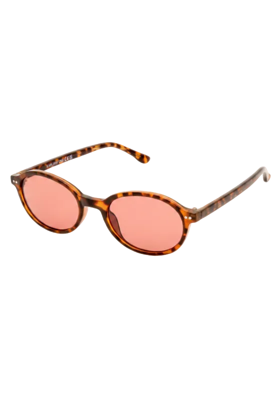 Oval sunglasses with dark brown frames and pink-tinted lenses, shown on a plain white background.