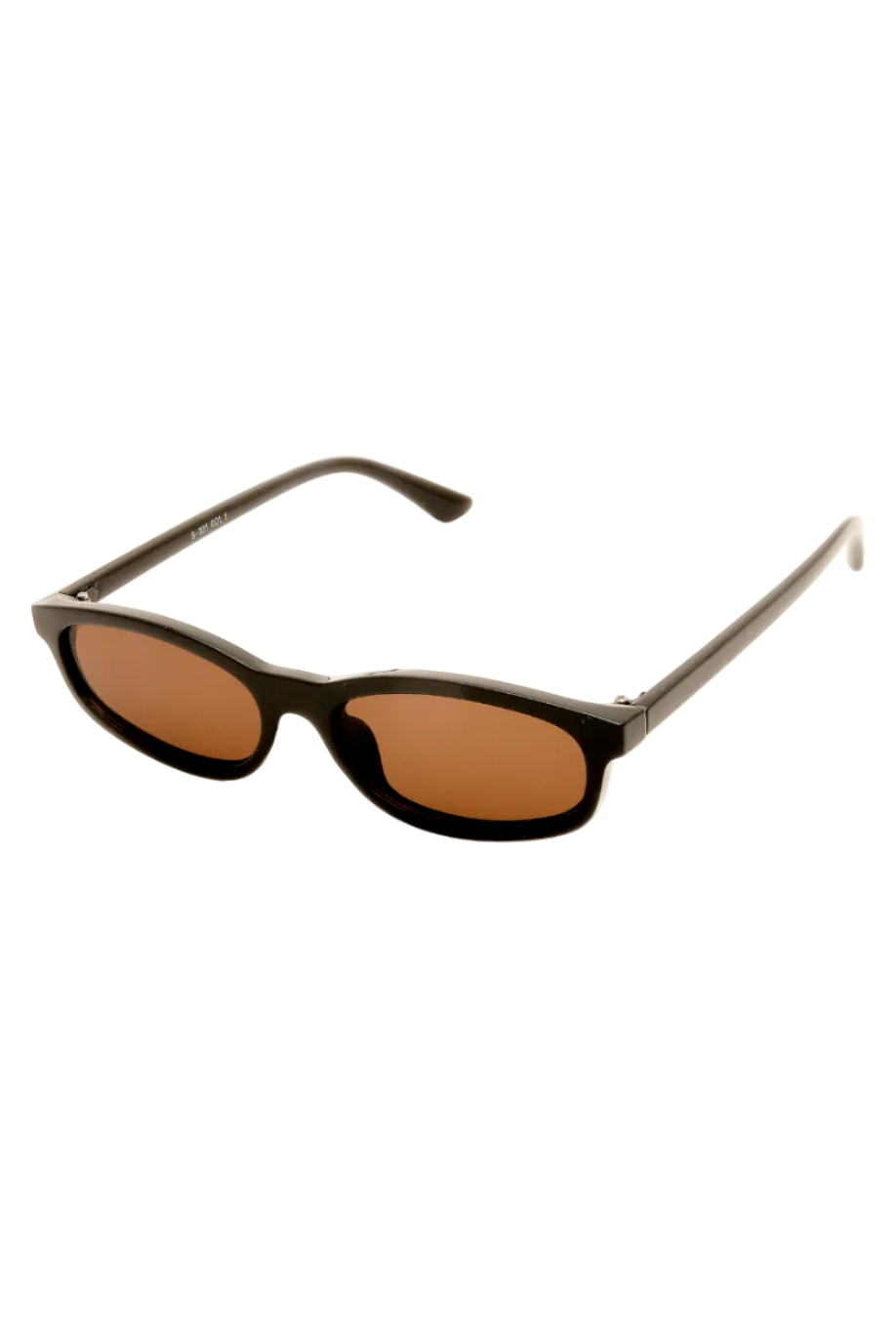 A pair of sunglasses with a glossy black frame and warm brown lenses, shown at an angle on a plain white background.