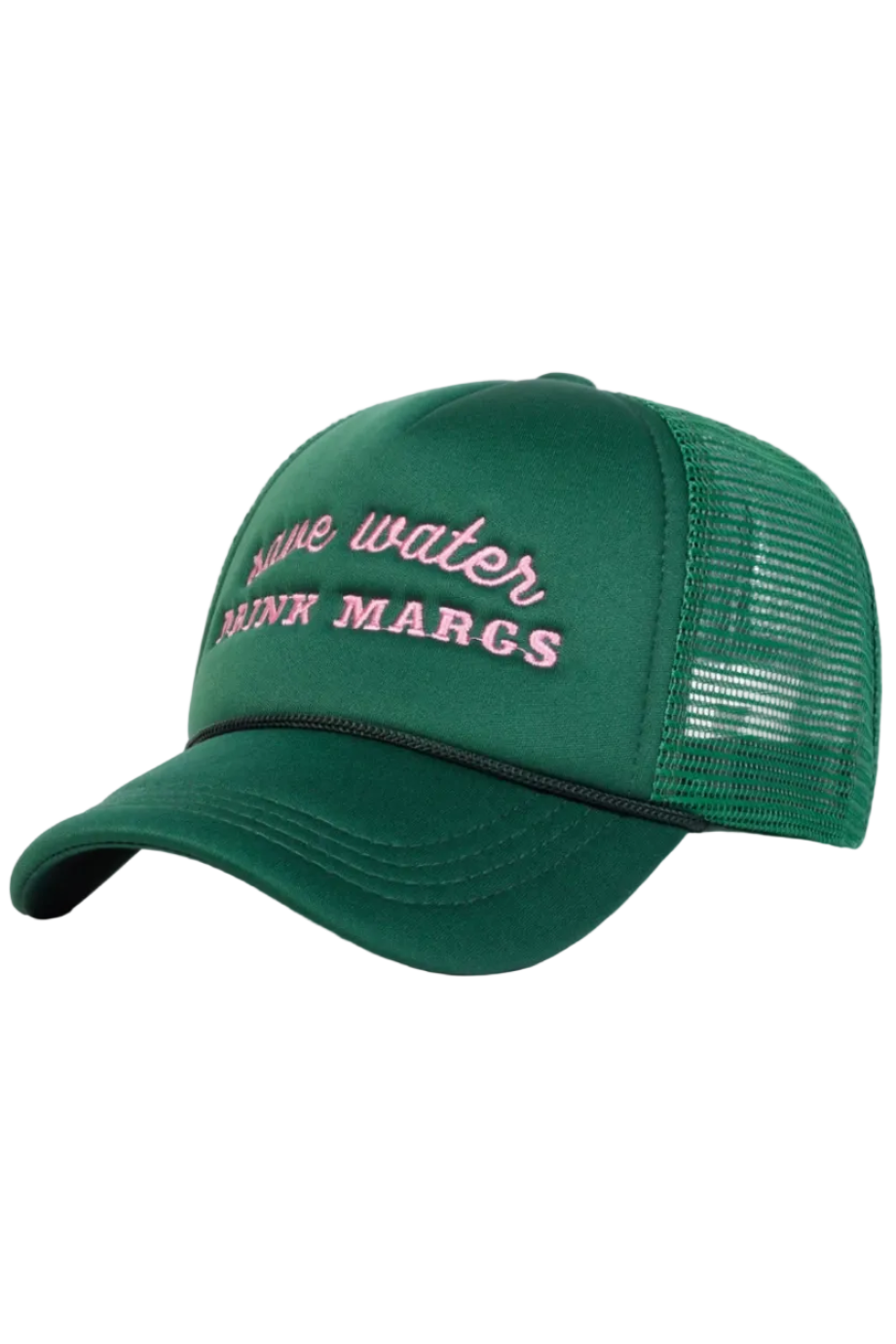 A green trucker-style baseball cap with pink embroidered text reading 'Cane Water Block Marks' on the front, shown on a clean white background.