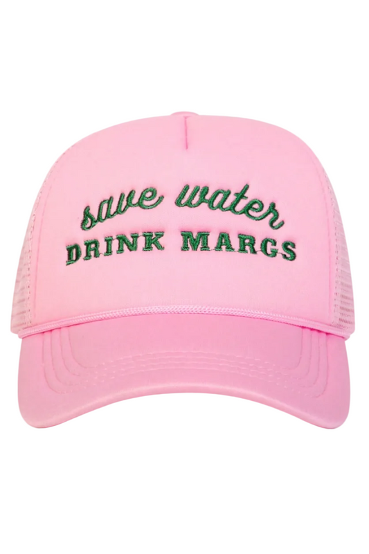 A pink trucker-style baseball cap with green embroidered text reading 'save water DRINK MARCS' on the front, shown against a plain white background.