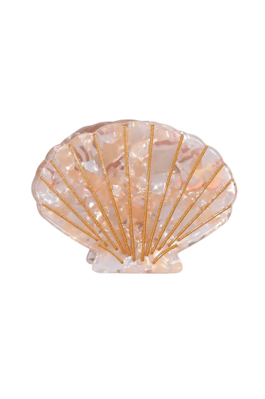 A scallop shell-shaped hair accessory with a translucent peach and white marbled pattern, accented by gold metallic lines radiating from the center, shown on a plain white background.