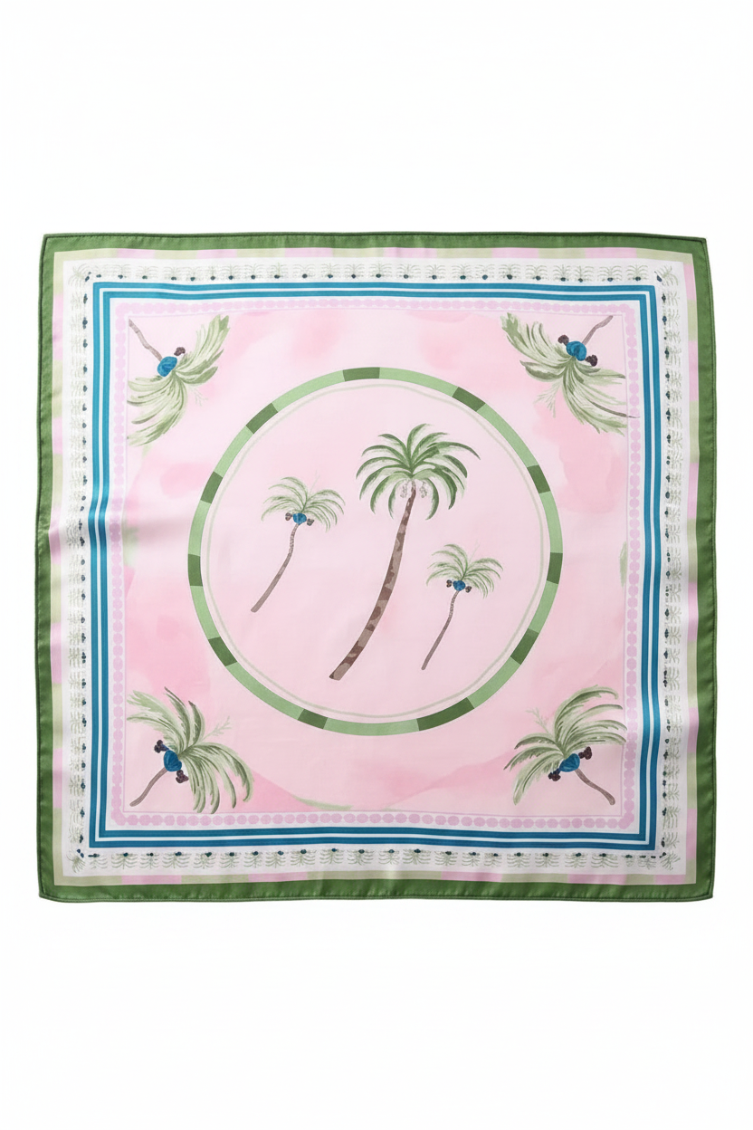 A square silk scarf with a light pink background, featuring a central green circular motif with palm trees, four matching palm trees in the corners, and two green-and-blue peacock motifs near the borders. The scarf is displayed flat against a light gray background.