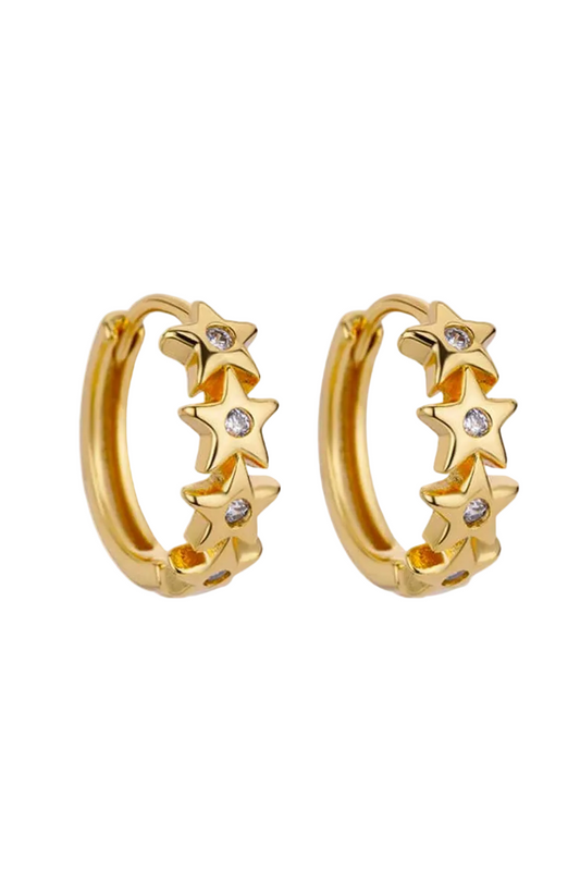 Gold hoop earrings with star designs on a white background