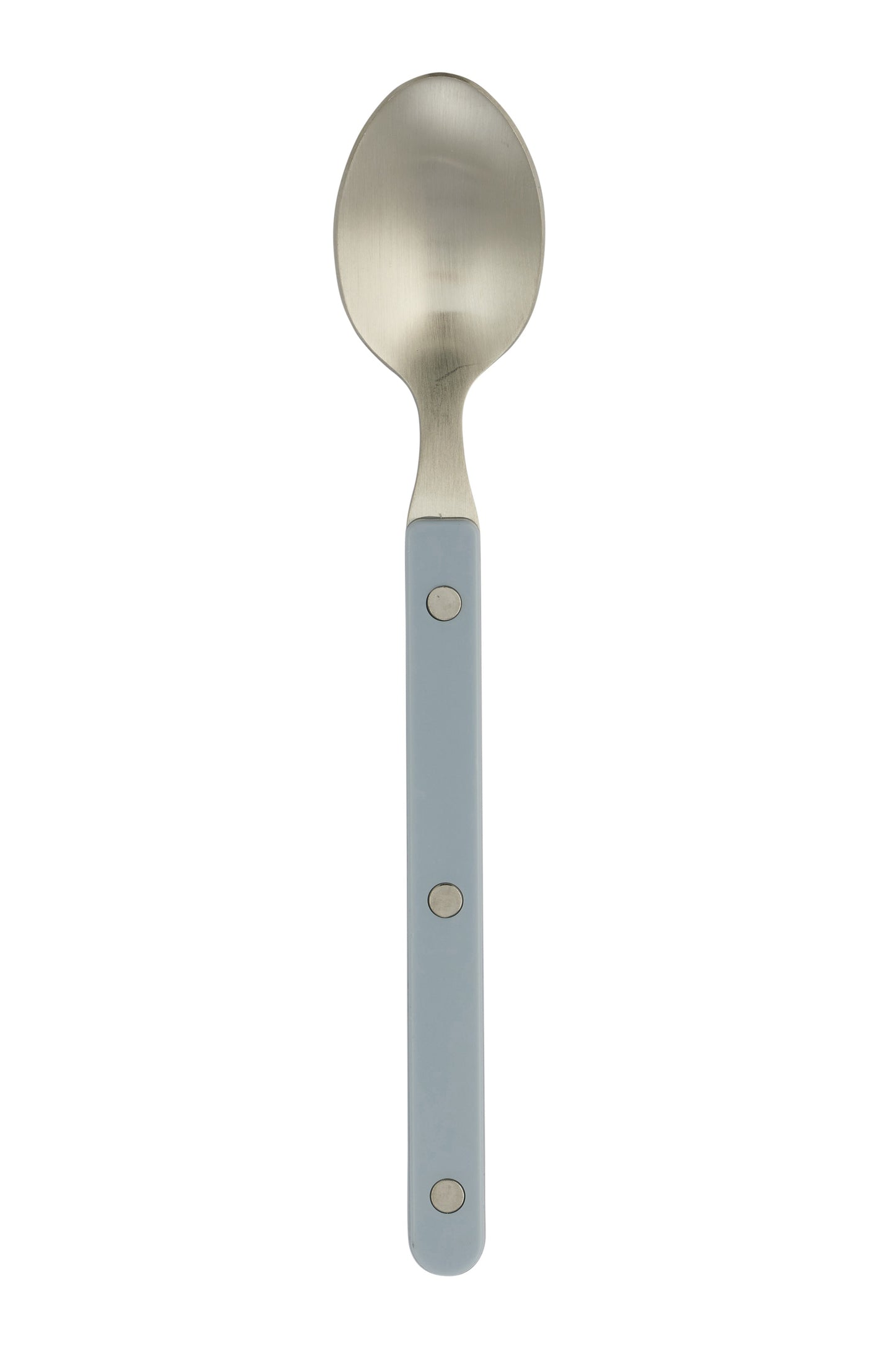 Spoon with a light blue handle on a white background