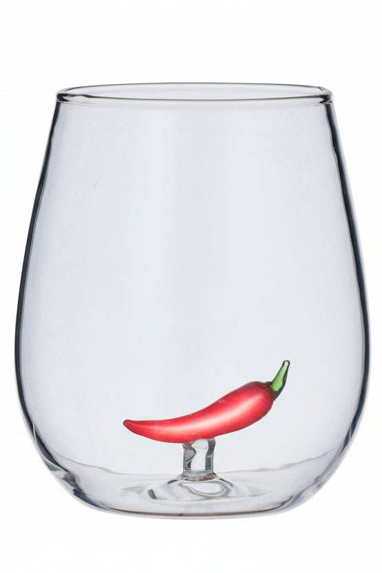 Clear glass with a red chili pepper design on a white background