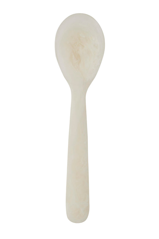A small wooden spoon with a rounded oval bowl and a smooth handle, shown vertically against a plain white background.