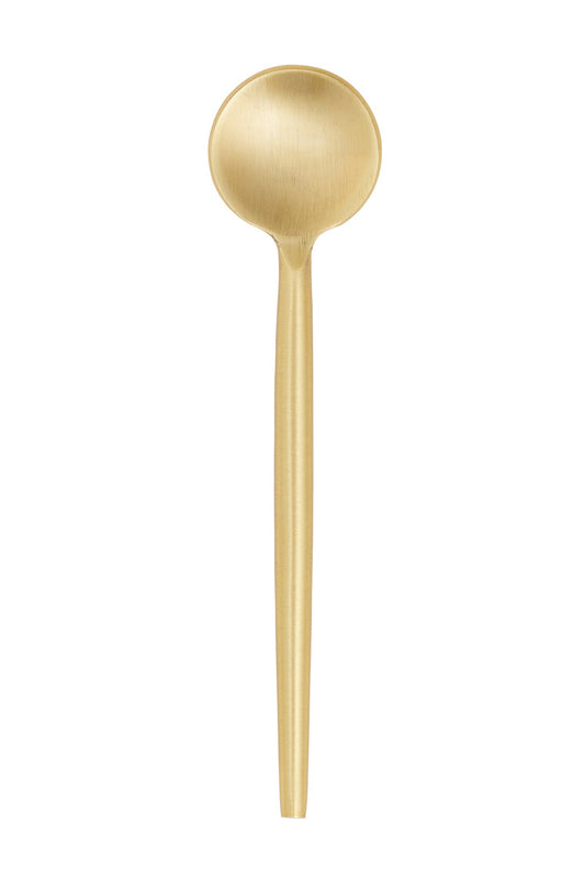 A single long-handled spoon with a rounded bowl, finished in a brushed gold metallic finish, centered on a plain white background.