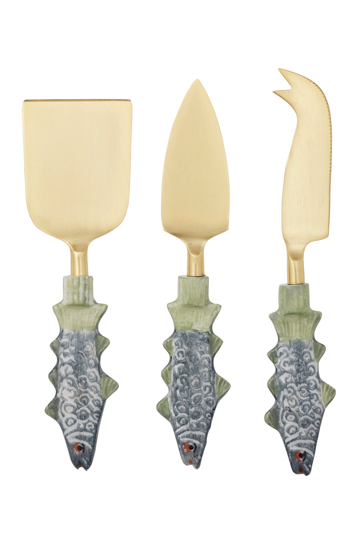 Set of three decorative knives with unique handles on a white background
