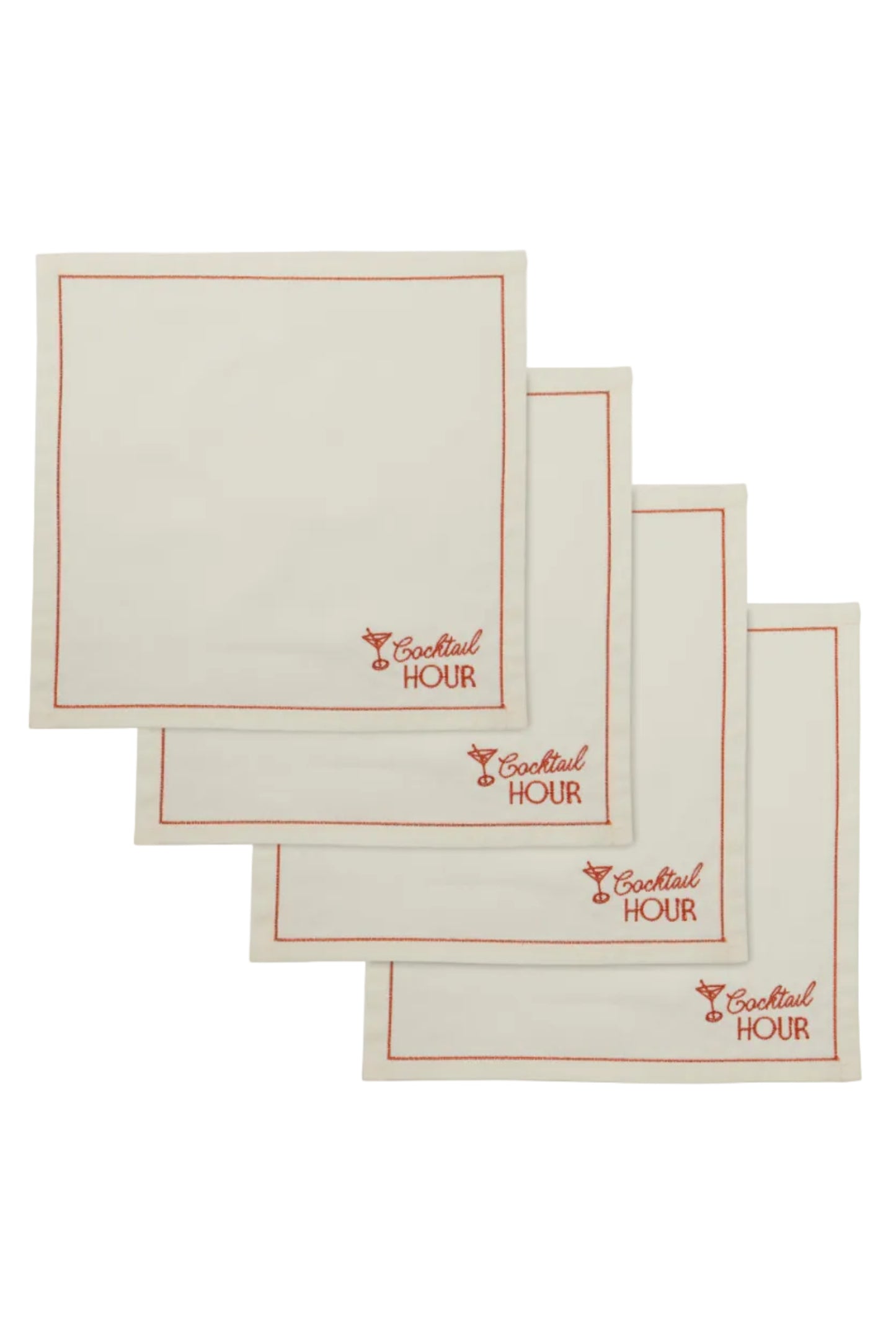 Set of four white napkins with red 'Cocktail Hour' text and logo on a white background