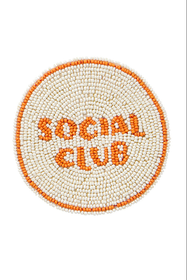 Round beaded coasters with 'Social Club' text on a white background.