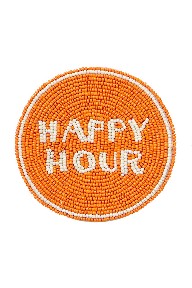 Round beaded coasters with 'Happy Hour'  text on a white background.
