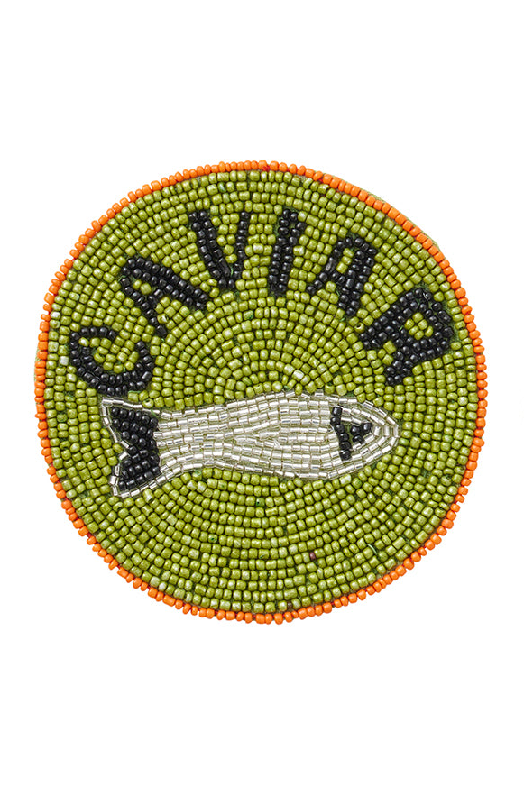 Beaded coaster with 'Caviar' text on a white background