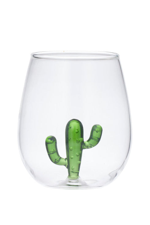 A clear stemless wine glass featuring a small green cactus design printed or molded inside the base, shown against a plain white background.