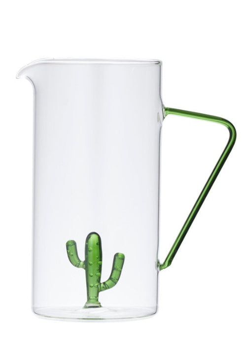 Clear glass pitcher with a green cactus-shaped base and a green handle, shown on a white background.