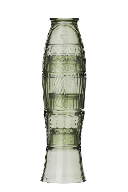 A tall, ribbed glass vase in a translucent olive green color, shown against a plain white background.
