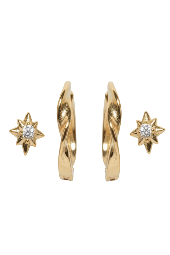 Gold hoop earrings with star-shaped ends on a white background