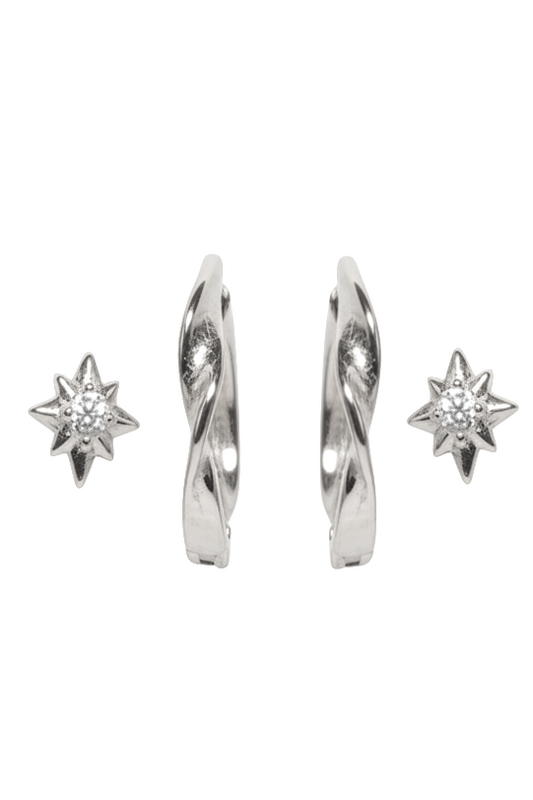 Silver hoop earrings with star-shaped ends on a white background