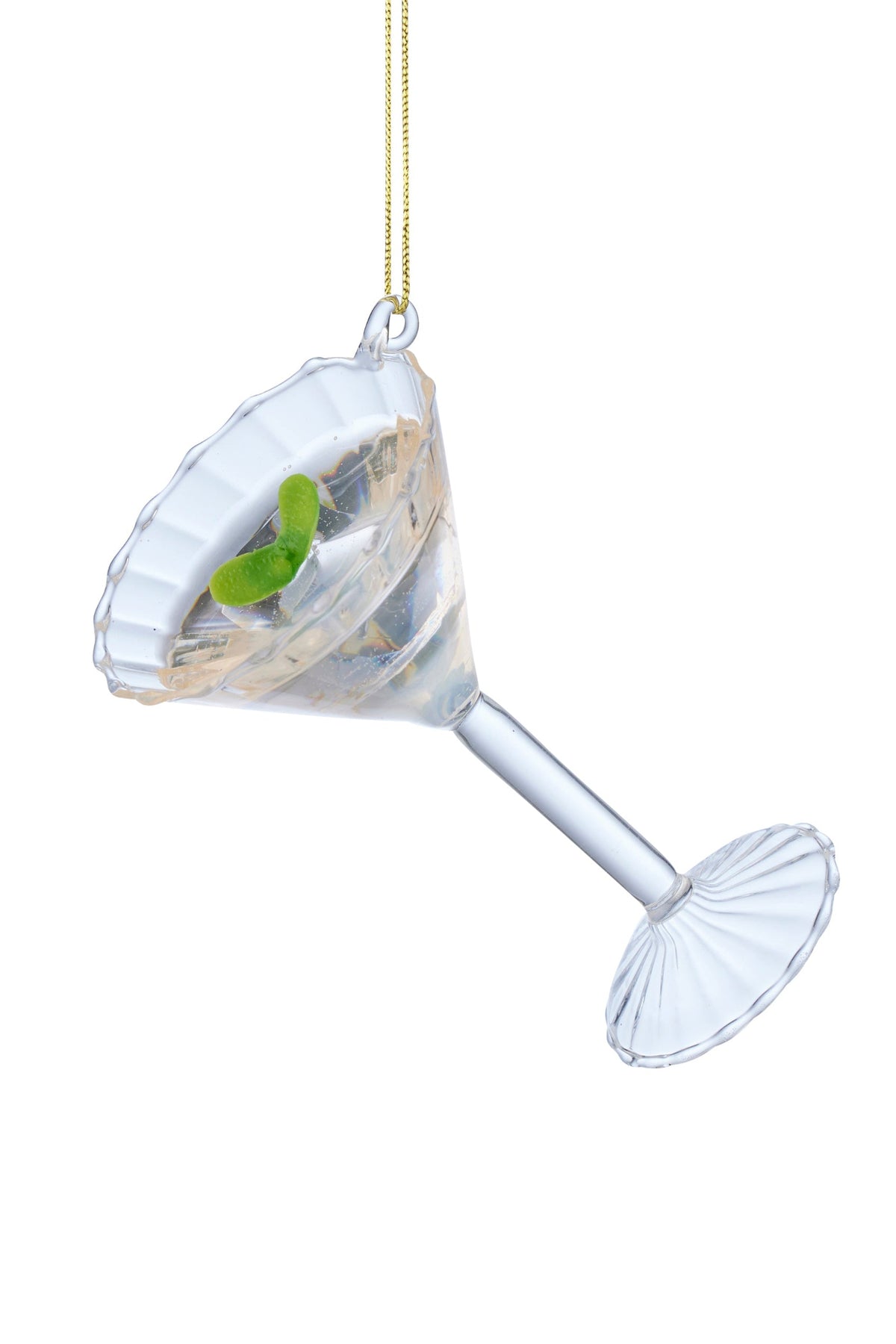 A clear glass martini-style hanging ornament with a gold hanging string, shown on a plain white background.