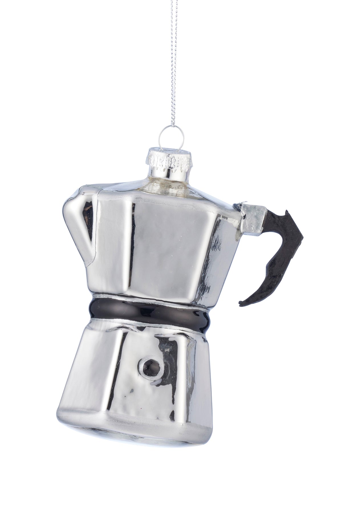 A silver metallic moka pot Christmas ornament hanging from a thin silver string against a plain white background.