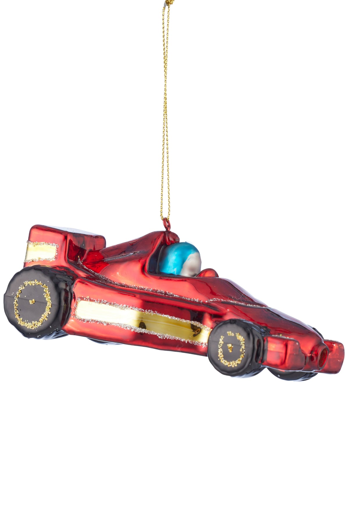 A red race car Christmas ornament with gold accents, black wheels, and a small blue driver figure, hanging by a gold string on a white background.