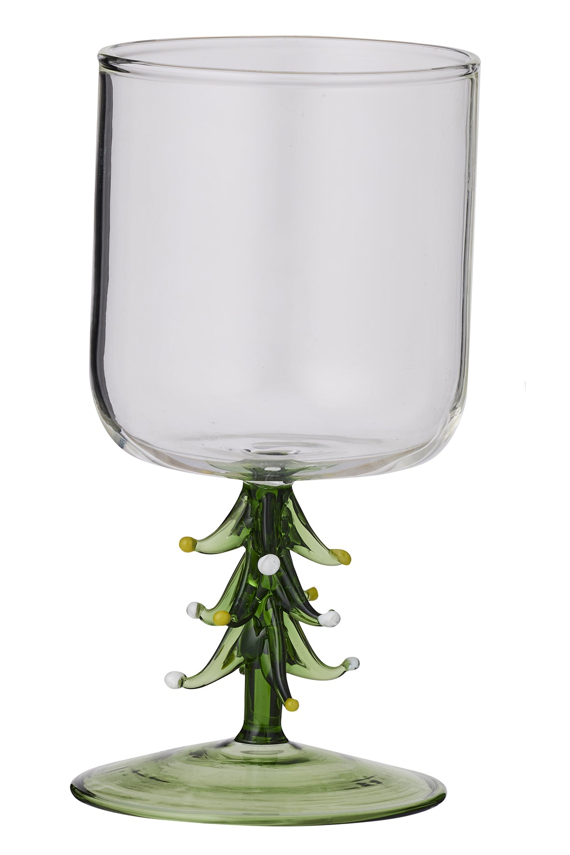 Two clear stemmed wine glasses with sculptural green glass tree-shaped bases, shown side by side on a white background.