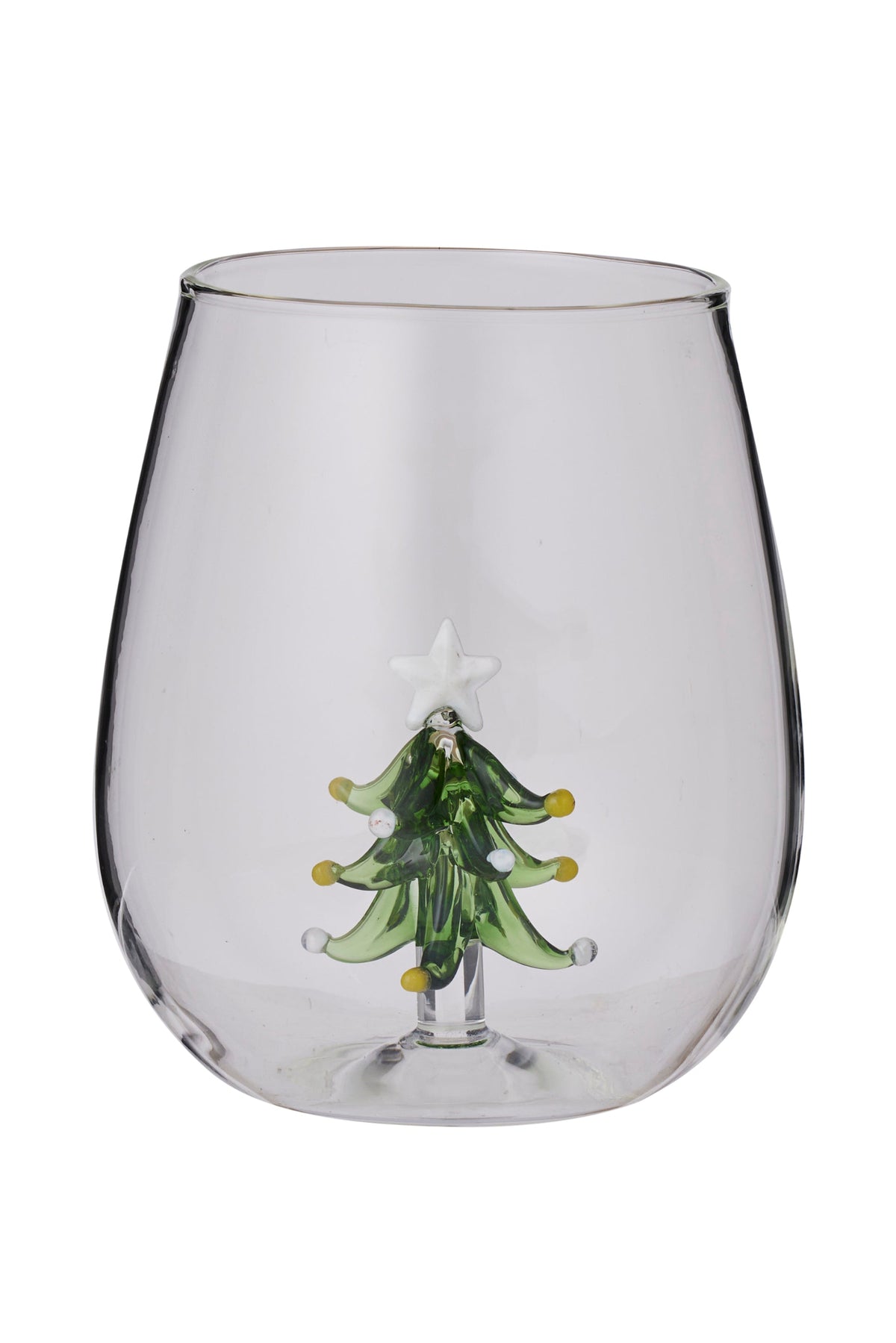 A clear stemless wine glass featuring a decorative green glass Christmas tree with a white star topper, set against a plain white background.