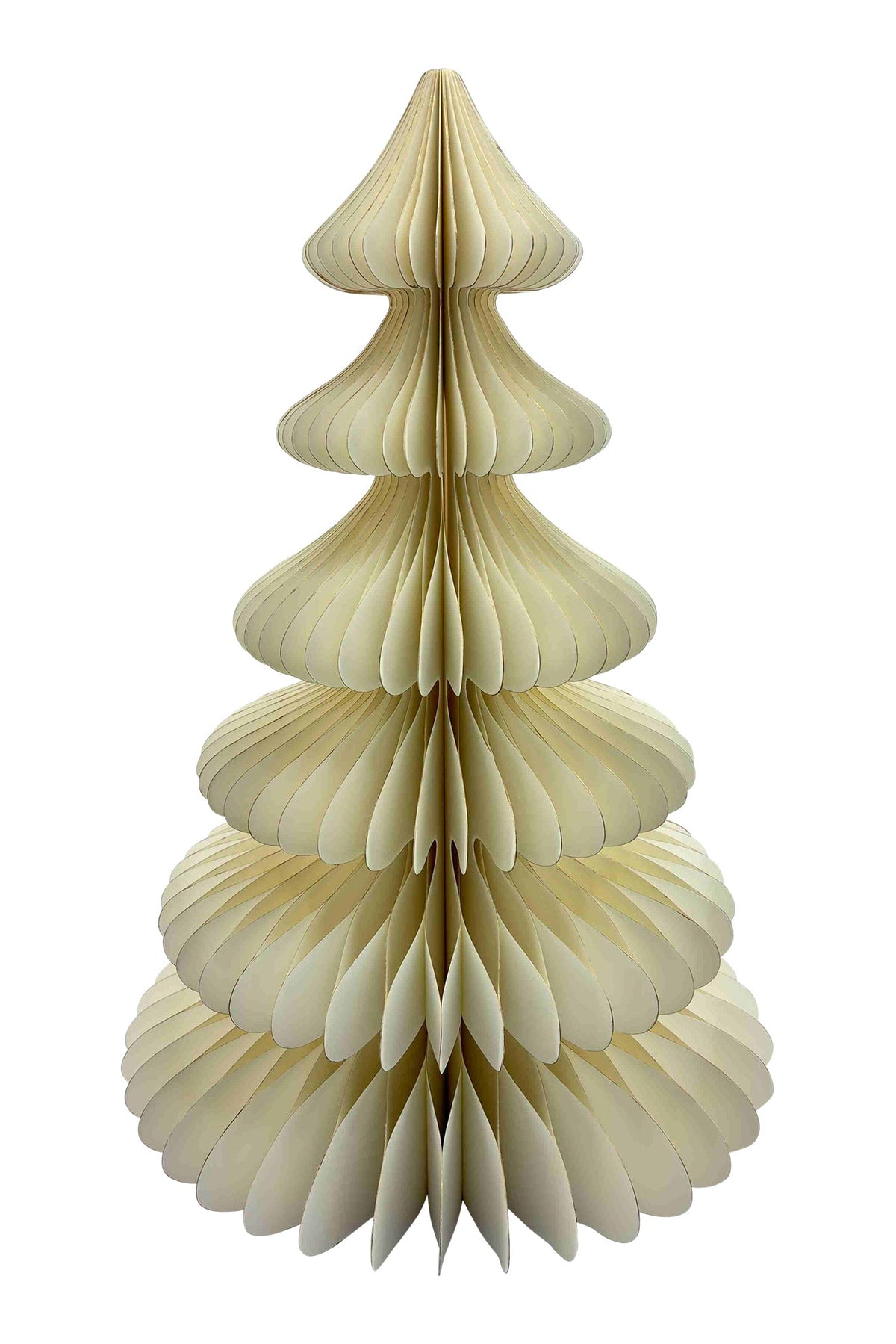 A 3D papercraft Christmas tree made of layered, accordion-style cream-colored paper panels, shown against a solid white background.