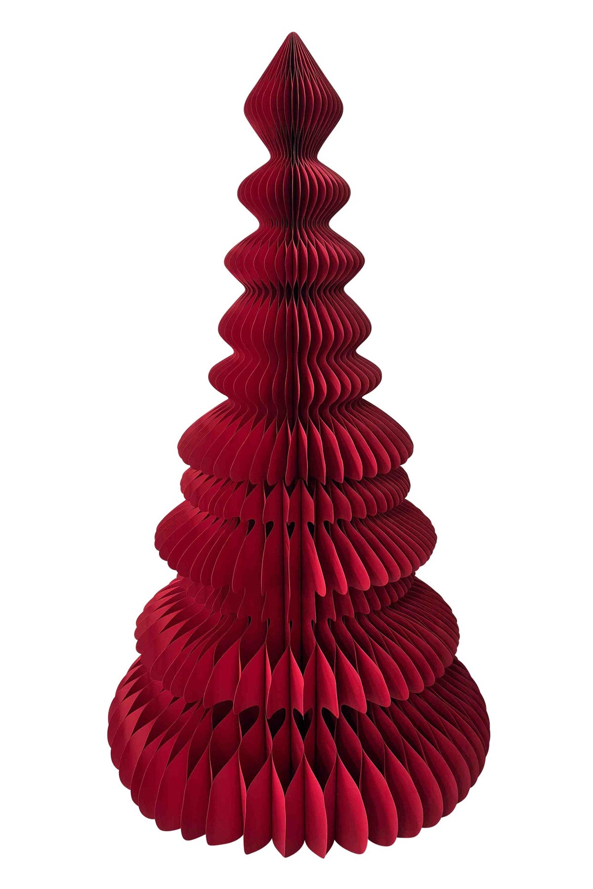 A red honeycomb paper Christmas tree decoration, photographed against a solid white background.
