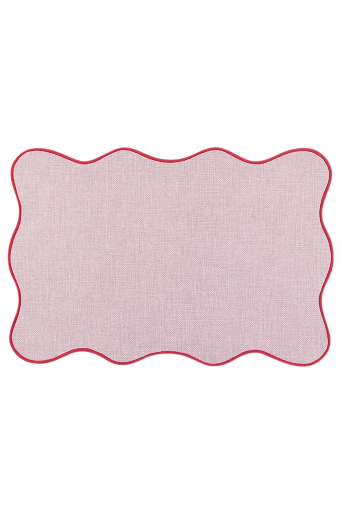 A rectangular placemat with a wavy scalloped border, featuring a light pink textured linen-like center and a contrasting red edge trim, shown on a plain white background.
