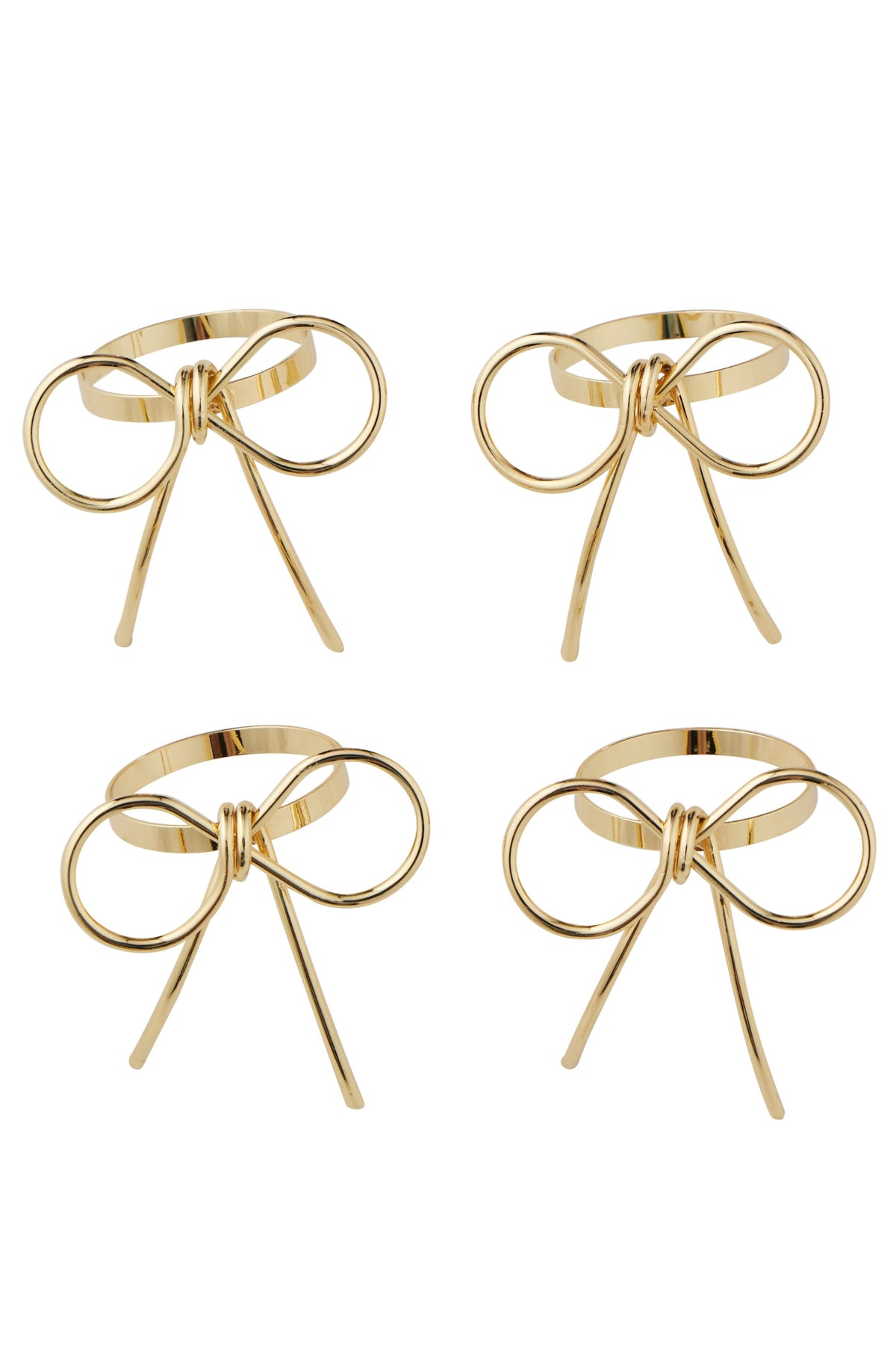 Four gold bow-shaped metal rings arranged in a 2x2 grid on a plain white background.