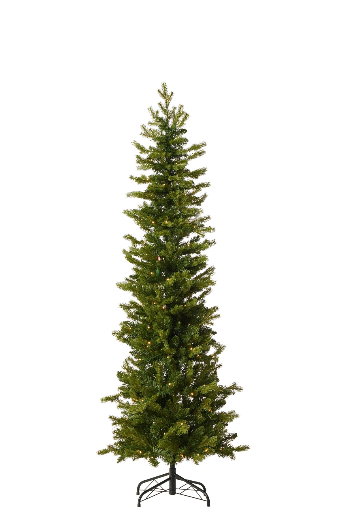 A tall, conical artificial Christmas tree with dense green needles and small warm white lights, standing on a black metal stand against a plain white background.